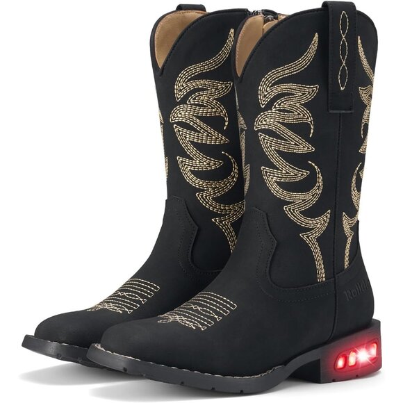 ⚡Girls Black Cowgirl Boots Light Up Kids Western Boots for Toddler Calf High - Picture 1 of 5